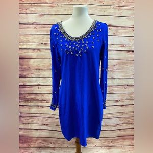 Badgley Mischka Mark & James Royal Blue Beaded Long Sleeve Dress, Size Medium